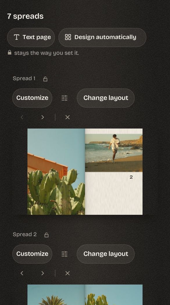 Calima: photo selection laid out as designed spreads, with layout and design tools